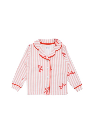Bebegen Kız Bebek Beyaz Pudra Fiyonklu Çizgili Pijama Takımı
