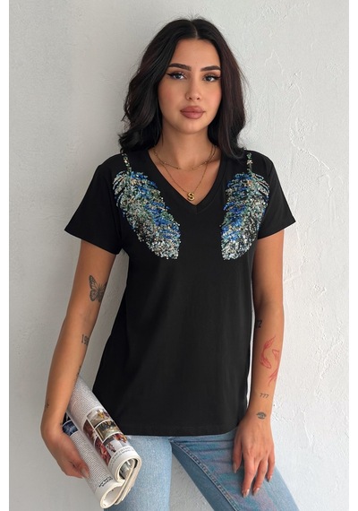 Femelle Kadın Siyah V Yaka Omzu Yaprak Pul Payet İşlemeli %100 Pamuk T-shirt - Fem8