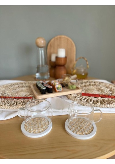 2 Li Rattan Hazeran Bardak Altlığı Beyaz %100 Doğal Hazeran Beyaz