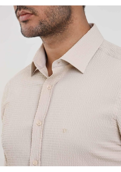 Dufy Bej Erkek Slim Fit Gofre Desenli Brent Yaka Uzun Kol Gömlek - 104810-bej Bej