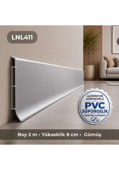 Linela Suya Dayanıklı Pvc Süpürgelik 8 Cm - Gümüş - Lnl411