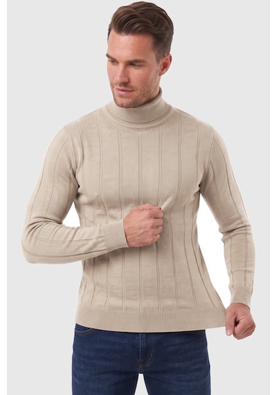 Deepsea Erkek Bej Slim Fit Likralı Tam Balıkçı Yaka Çizgili Boğazlı Kazak 2505504 Bej