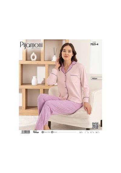 Primoda Pijamoni Bayan Milan Boydan Düğmeli Pijama Takım 7521 Pudra