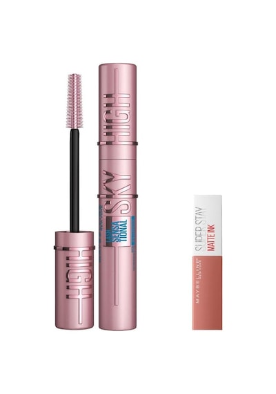 Maybelline New York Lash Sensational Sky High Suya Dayanıklı Waterproof Maskara & Mini Super Stay Matte Ink Likit Mat Ruj 65 Seductress Makyaj Seti 0