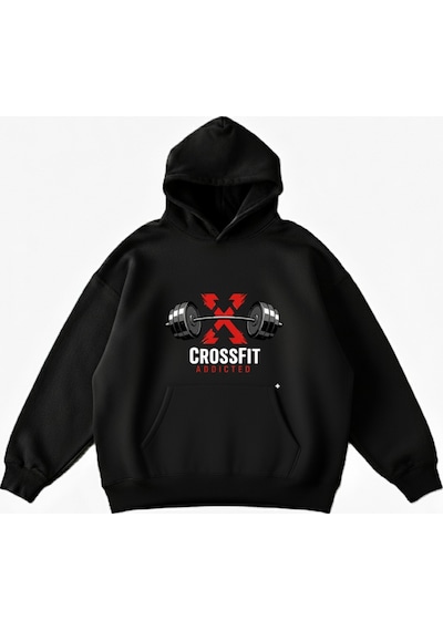 Maki Home Makiteks Siyah Pamuklu Unisex Kanguru Cepli Kapüşonlu Rahat Kesim Crossfit Baskılı Sweatshirt SiYAH