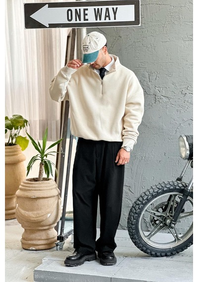 Krem Cozy Basic Yarım Fermuar Oversize Sweatshirt Krem