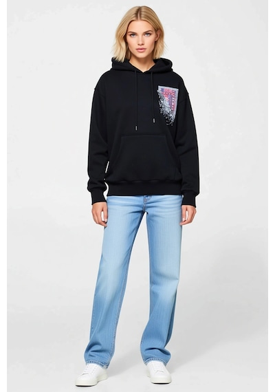 Ersefa Kadın Uzun Kollu Kapşonlu Ön Ve Arka Baskılı Sweatshirt Halı Dese siyah