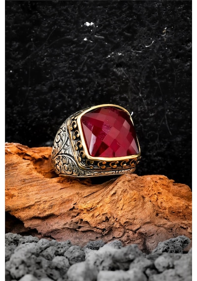 925 Ayar Gümüş Fasetli Ruby Taşlı Erkek Yüzük-8505 Gümüş