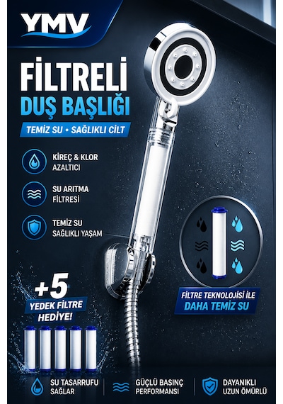 Ymv Filtreli Duş Başlığı Yüksek Basınçlı Banyo Başlığı Kireç Ve Klor Azaltıcı 5 Yedek Filtreli Su Tasarruflu Krom