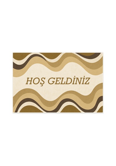 Kartela Halı Hoş Geldiniz Yazılı Retro Dalga Kapı Paspası Hardal Sarısı Kaymaz Kauçuk Taban 60x90 Cm