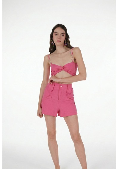 Holly Lolly Koton Kumaş Şeffaf Rise Zincir Detaylı Bluz Pembe