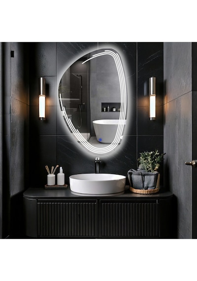 Fractura Asimetrik Led'li Kumlamalı Lavabo & Banyo Aynası Dokunmatik Sensörlü 80 X 50 Cm Beyaz