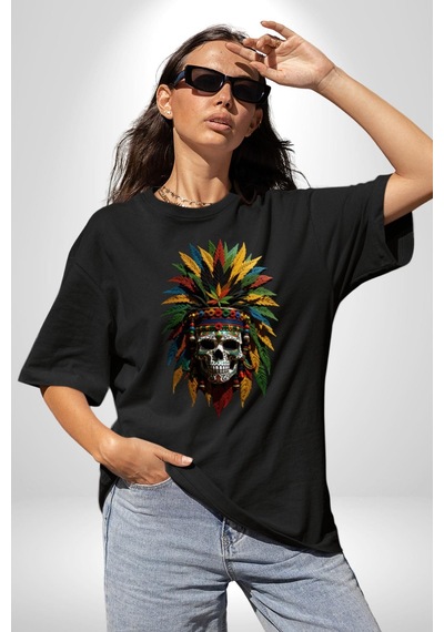 Kurukafa İskelet Kızılderili Tüy Kartal Şefi Pamuklu Bisiklet Yaka Unisex Oversize Boyfriend Dijital Baskılı Siyah T-shirt Siyah