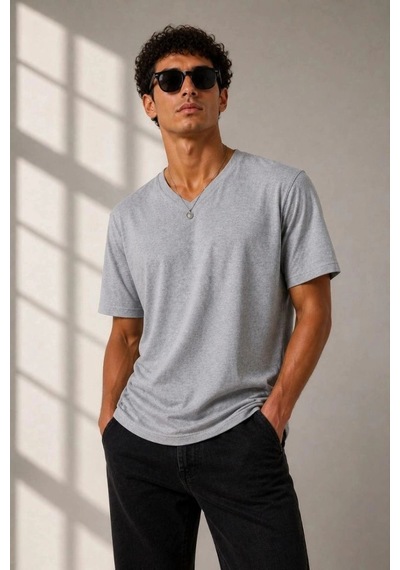 Freedom Storee Erkek V Yaka Basic Tişört Kısa Kol Yazlık Regular Fit T-shirt - Gri Çok Renkli