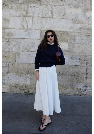 Suud Collection Ekru Day Poplin Kloş Etek