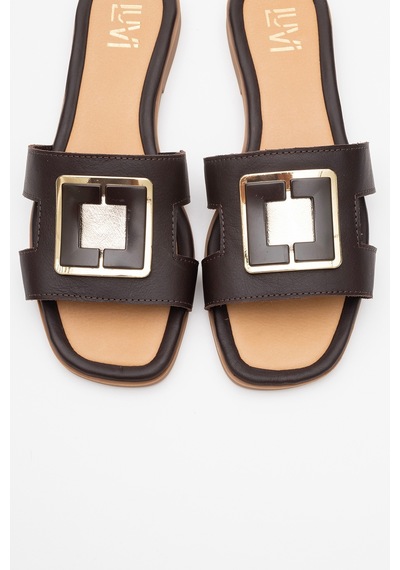 Luvishoes Luvi Shoes Millie Kahverengi Hakiki Deri Tokalı Kadın Terlik Kahverengi