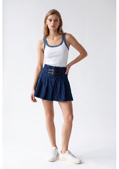 Mixray 2191 Kadın Çift Tokalı Pilili Yüksek Bel Denim Mini Etek Lacivert