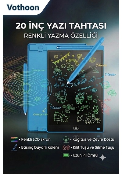 20 Inc Renkli Lcd Grafik Dijital Kalemli Çizim Tableti Yazı Tahta Not Yazma Eğitim Tableti Mavi