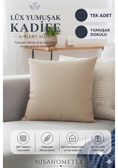 Lüks Yumuşak Dokulu Kadife Salon Kırlent Kılıfı Bej, 50 Cm X 50 Cm Diğer