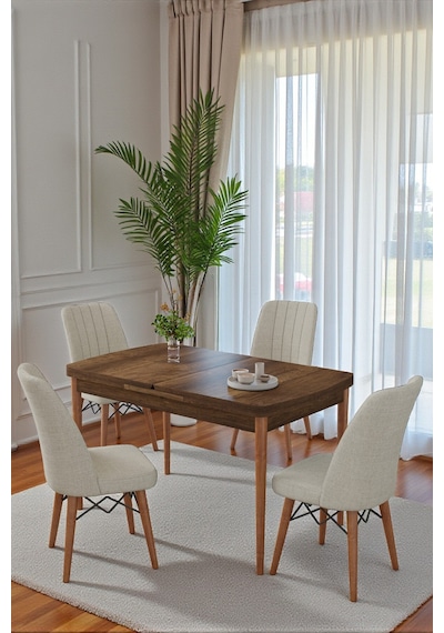 80x170cm Mutfak Masası Takımı 4 Kişilik Açılır Masa Sandalye Takımı - Ceviz Masa - Krem 80x170cm Mutfak Masası Takımı 4 Kişilik Açılır Masa Sandalye Takımı - Ceviz Masa - Krem