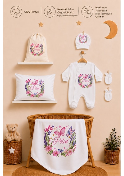 Pia Baby Kız Bebek İsimli %100 Pamuk Hastane Çıkışı 6 Parça Tulum Şapka Eldiven Hediye Seti 2088tybk0x Krem