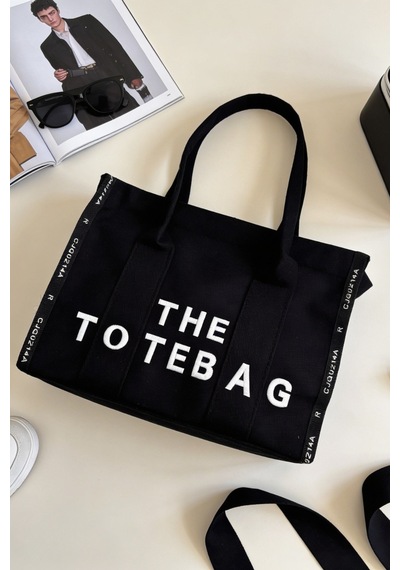 Ents Siyah Kadın Kanvas Tote Bag Günlük Omuz Çantası Büyük Boy Siyah - Beyaz