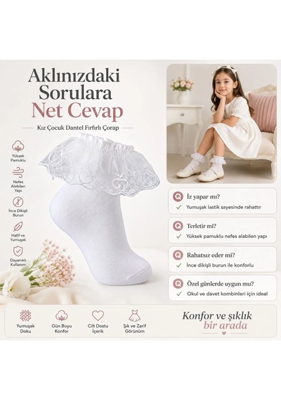 Womanandkids Wak Kız Çocuk 3'lü Beyaz Dantelli Soket Çorap, Yüksek Pamuklu Okul Gösteri Ve Özel Gün Çorabı