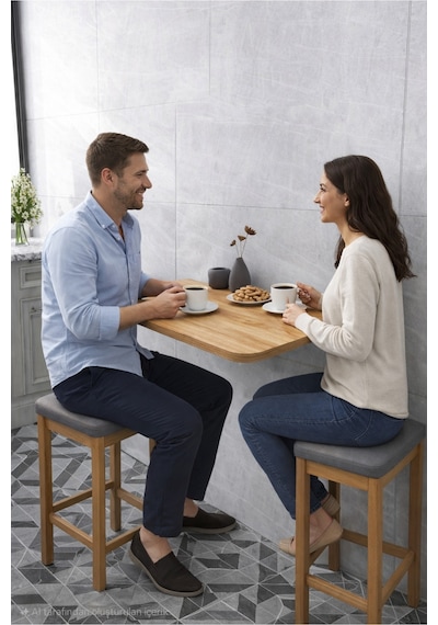 60x90 Cm Duvara Monte Sabit Raflı Kırma Katlanr Masa Çam Renk
