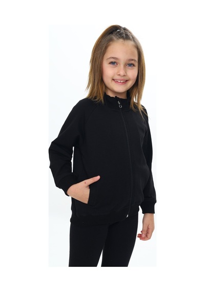 Toontoy Kız Çocuk Dik Yaka Fermuarlı Cepli Reglan Kol Örme Hırka - 2 İplik Siyah