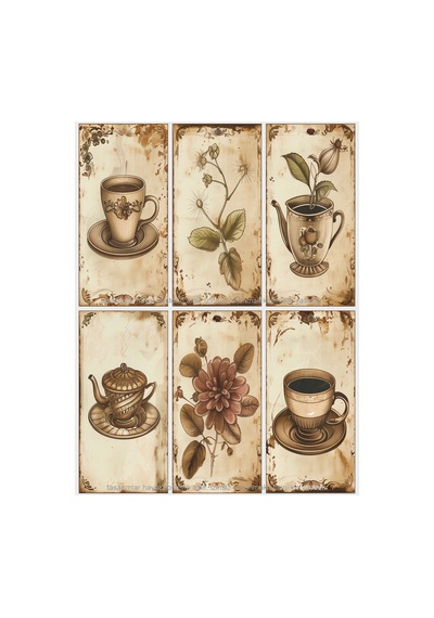 Çay Yaprağı Çiçeği Bitkisi Çay Fincanı Mutfak Kafe Bar Dekor Tablo 6lı Mini Retro Ahşap Poster Seti - 711988132