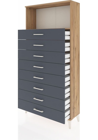Arges Dolap Tek Raflı 8 Çekmeceli 88x30x182 Çam-antrasit Çam