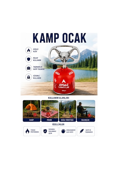 Kamp Ocağı Seti Taşınabilir Ayarlanabilir Alevli Paslanmaz Çelik 450 Gr Kartuşlu Gri-kırmızı