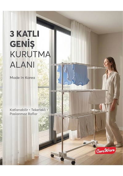 Home Lite Premium 3 Katlı Çamaşırlık Made in Korea Tekerlekli Çamaşır Kurutmalık Eco Gri