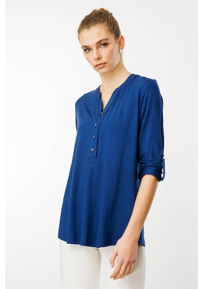 Desen Triko Kadın Açma Yaka Önü Düğmeli Penye Bluz 25765 Indigo Indigo