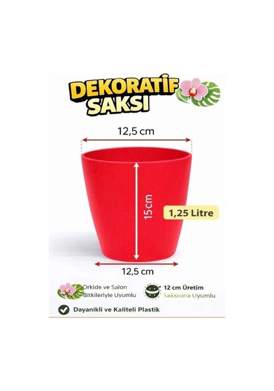 Dekoratif Saksı 12.5 Cm Canlı Kırmızı Renk 1.25 Lt Orkide Ve Salon Bitkileri Için