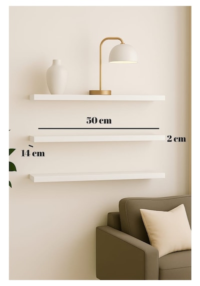Yankı-BYEG 3lü 50 cm Mat Beyaz Mdf Duvar Rafı Gizli Bağlantı Kitaplık