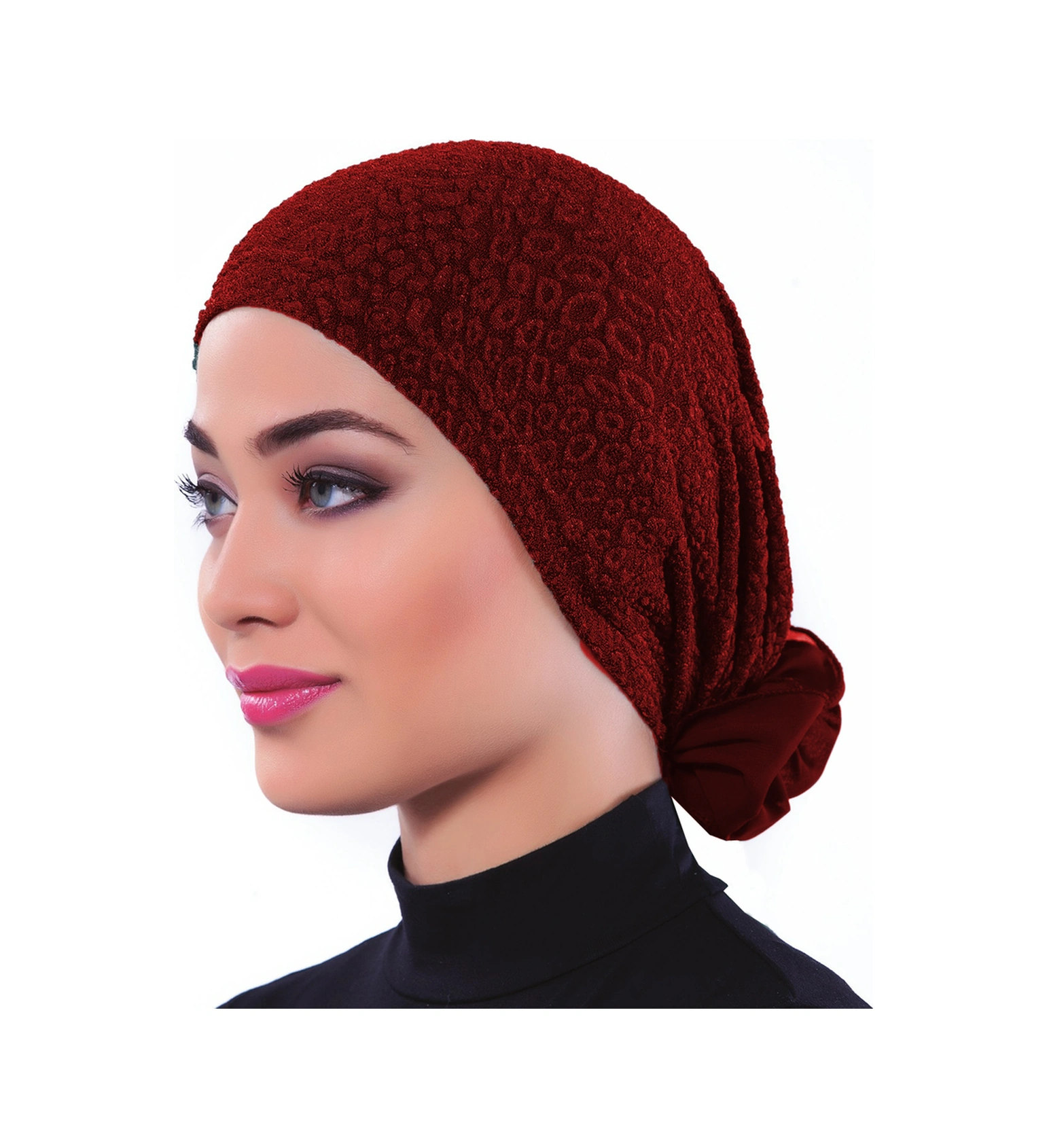 Elysianfidan Brokar Tüllü Bordo Hazır Türban Tesettür Bone Bordo