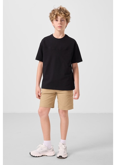Siyah-koyu Bej Pamuklu Oversize Fit Dokuma Hafif Esnek Chino Erkek Çocuk Şort Takım - 11279 Siyah