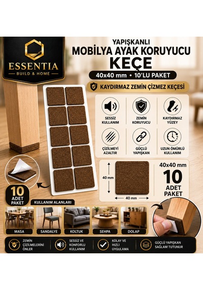 Yapışkanlı Mobilya Ayak Koruyucu Keçe 40x40 Mm 10'lu Paket Kaydırmaz Zemin Çizmez Keçesi Kahverengi