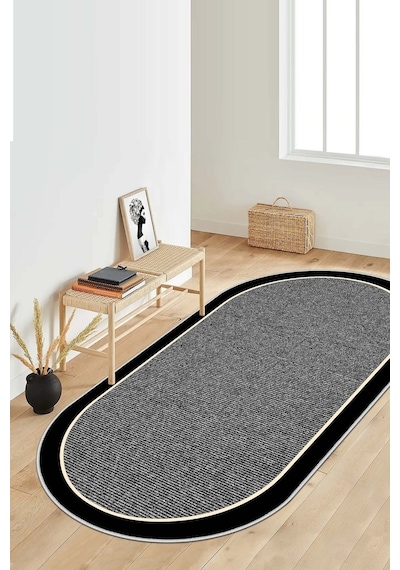 West Home Dijital Baskı Yıkanabilir Kaymaz Taban Siyah Oval Mutfak Halısı Salon Halısı Ve Yolluk Wh 478 Grey Oval