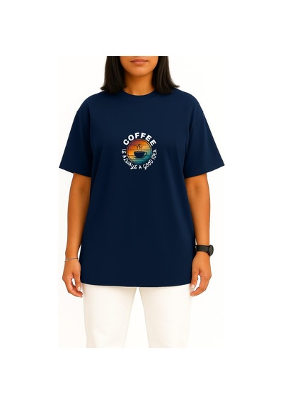 Bahriyeli Collection Oversize Kahve Her Zaman İyi Fikir Göğüs Baskılı Unisex T-shirt Lacivert