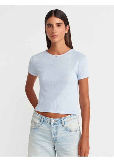 Dilvin 31795 Fiyonk Detaylı Kısa Kollu Kontrast T-shirt-açık Mavi Açık Mavi