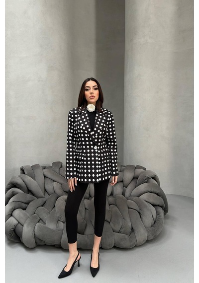 Cemo Kadın Puantiyeli Tek Düğmeli Blazer Ceket Siyah