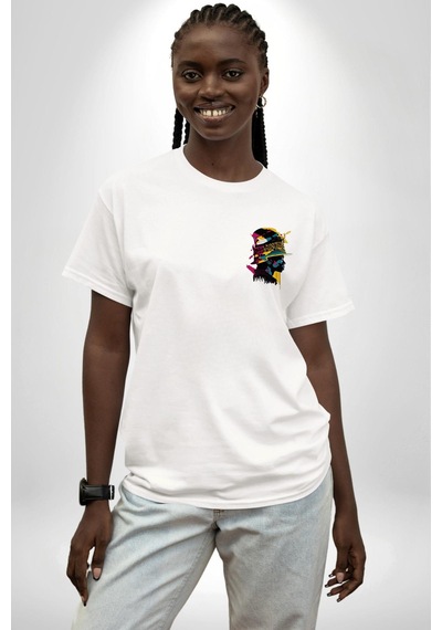 Afrikalı Kadın Sanat Siyahi Beyaz Oversize Unisex Ön Ve Sırt Baskılı Tişört Beyaz
