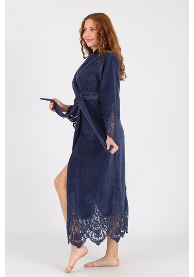 Dantelli Bambu Cotton Triga Bornoz Koyu Mavi