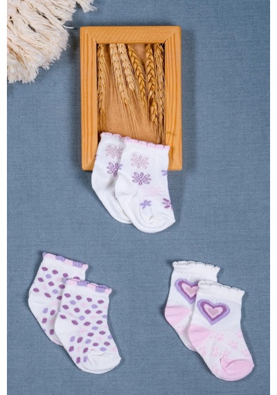 Cocole Socks Kız Bebek Soket Çorabı 3 Lü Set Pamuklu Kalp & Çiçek Desenli Çok Renkli