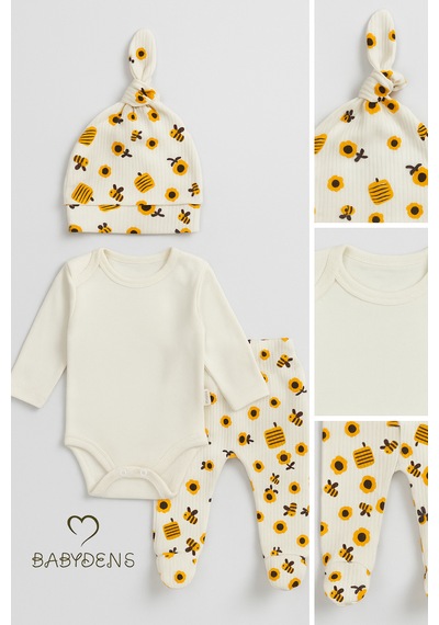 Babyden's Babydens Yenidoğan Bebek Hastane Çıkışı Seti 3'lü Pamuklu Zıbın Takımı Patikli Alt, Şapka, Arı Desenli Unisex Bebek Takımı Ekru