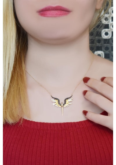 Lilarote Sarı Siyah Beyaz Taşlı Mikail Meleği Altın Kolye