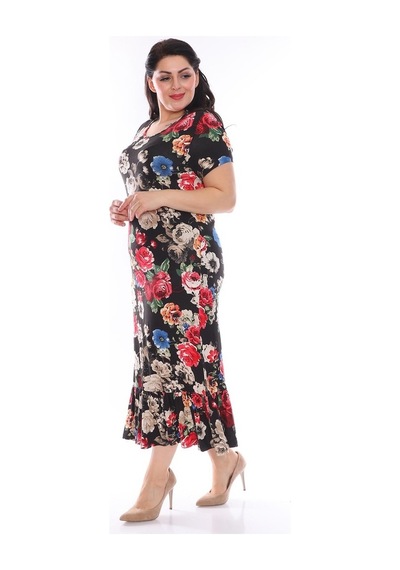 Siyah Desenli Büyük Beden Elbise 27D-0952 Siyah