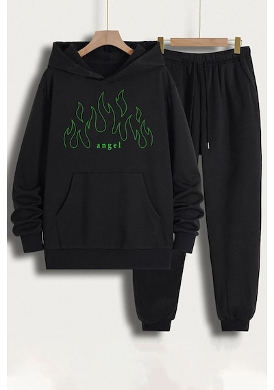 Uyguntarz Unisex Green Angel Baskılı Eşofman Takımı Siyah